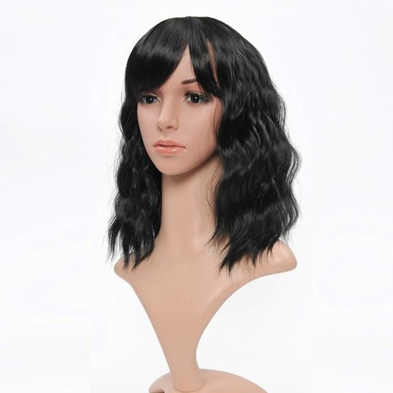 VCKOVCKO Bob Wave Wig With Air Bangs Natural Black Natural Curly Wavy Short Bob Wigs Women's Shoulder Length Wigs Synthetic Cosplay for Girl Colorful Wigs，1B