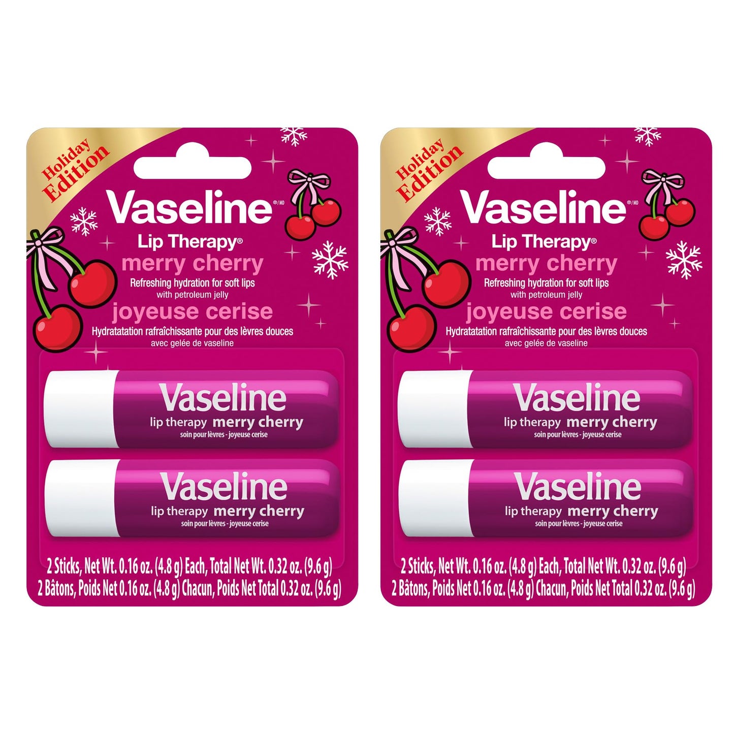 Vaseline Lip Therapy Holiday Edition Merry Cherry, Glossy Finish, Hydrating Petroleum Jelly Lip Balm, 4 Sticks, 0.16 oz Each