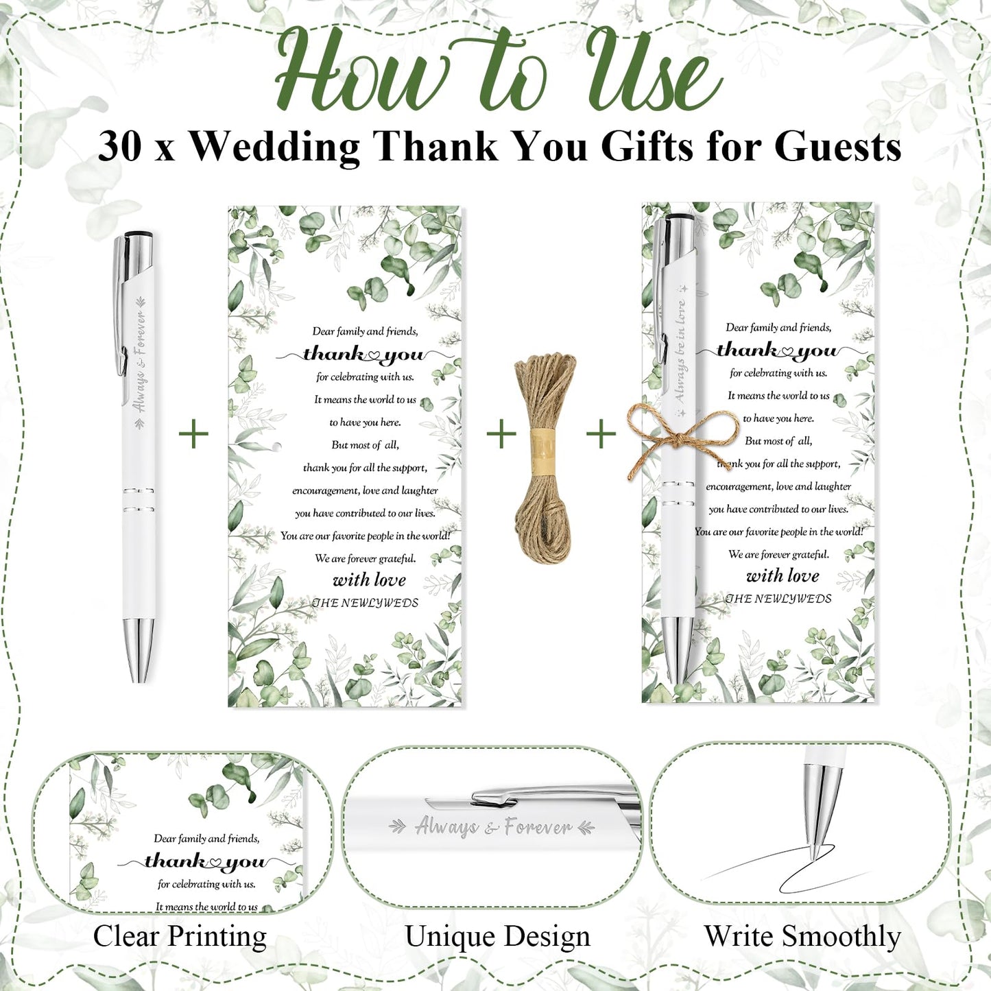 YOXIFUFA 30 Sets Bridal Shower Pens Gifts Wedding Favors for Guests Bulk Includes Retractable Ballpoint Pen with Greeting Thank You Cards for Guest Wedding Souvenirs Party Supplies