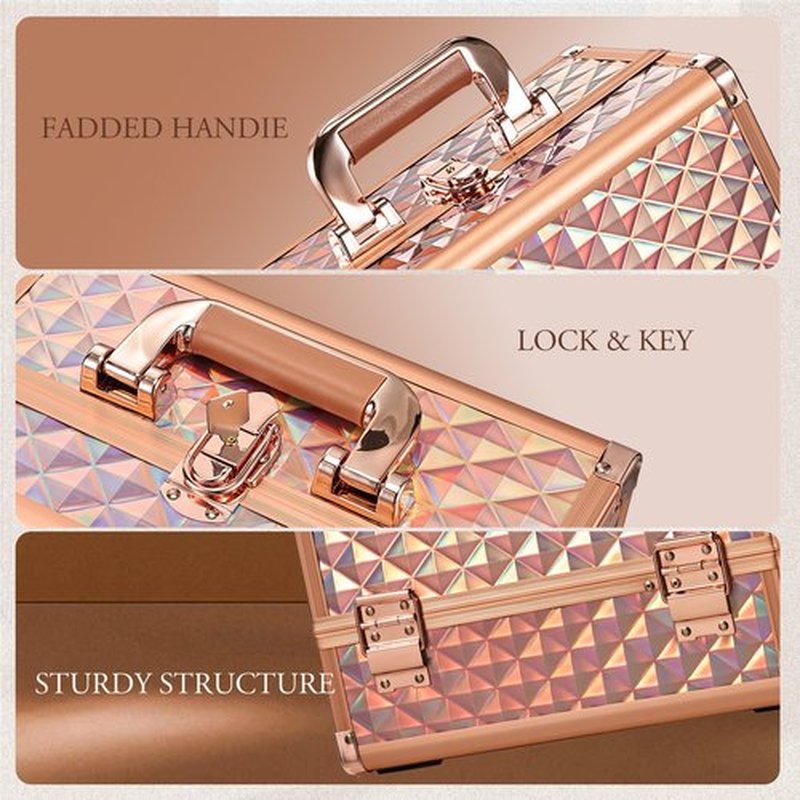 Joligrace Makeup Train Case Cosmetic Box 11.6 Inch Jewelry Organizer Professional 3 Tiers Trays with Mirror and Brush Holder Lockable Key Portable Travel - Rose Gold