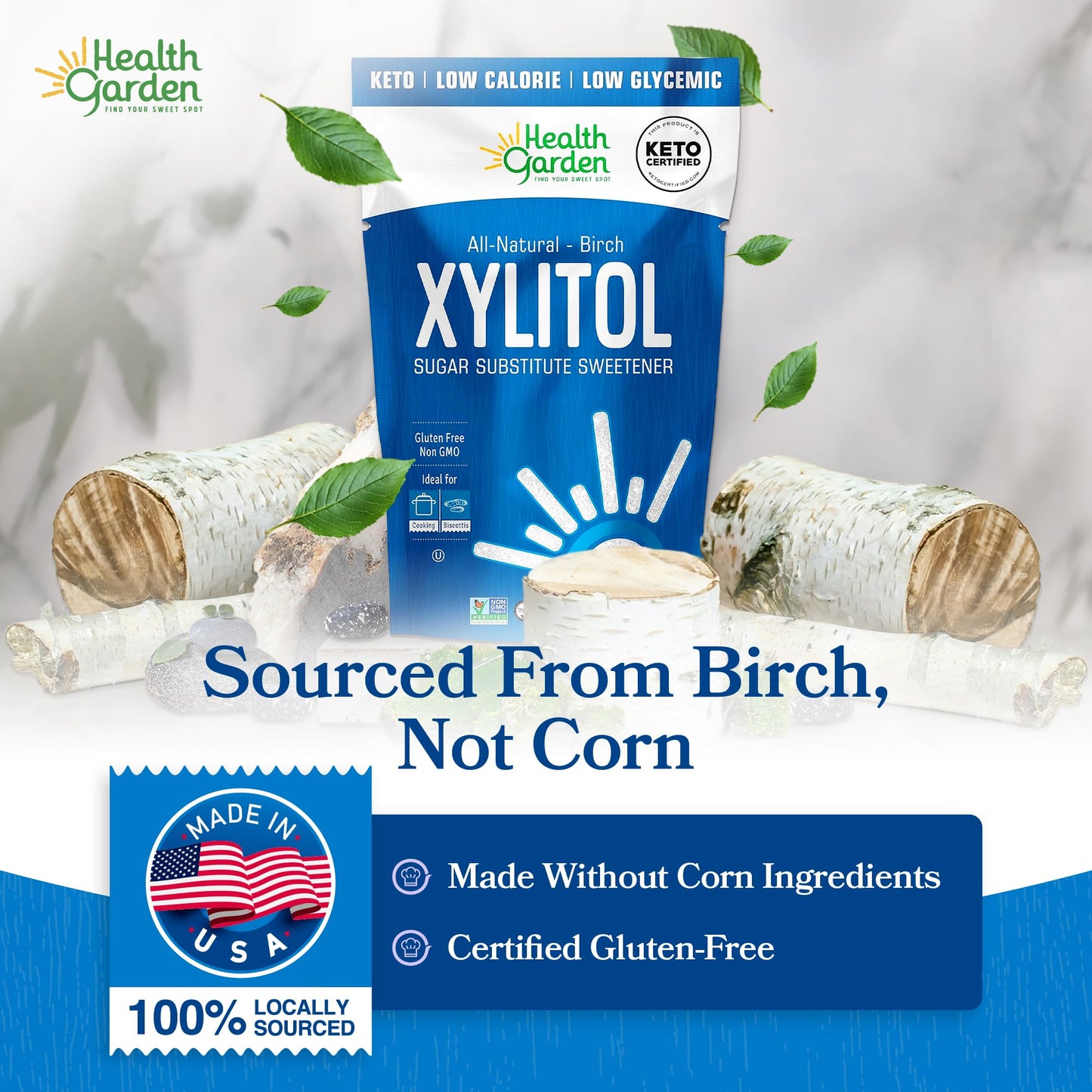 Health Garden Birch Xylitol Sweetener, 15 oz Bag – 100% Birch-Derived Xylitol Sugar Substitute for Baking & Coffee, 1:1 Sugar Replacement, Supports Teeth, Keto, Vegan, Non-GMO