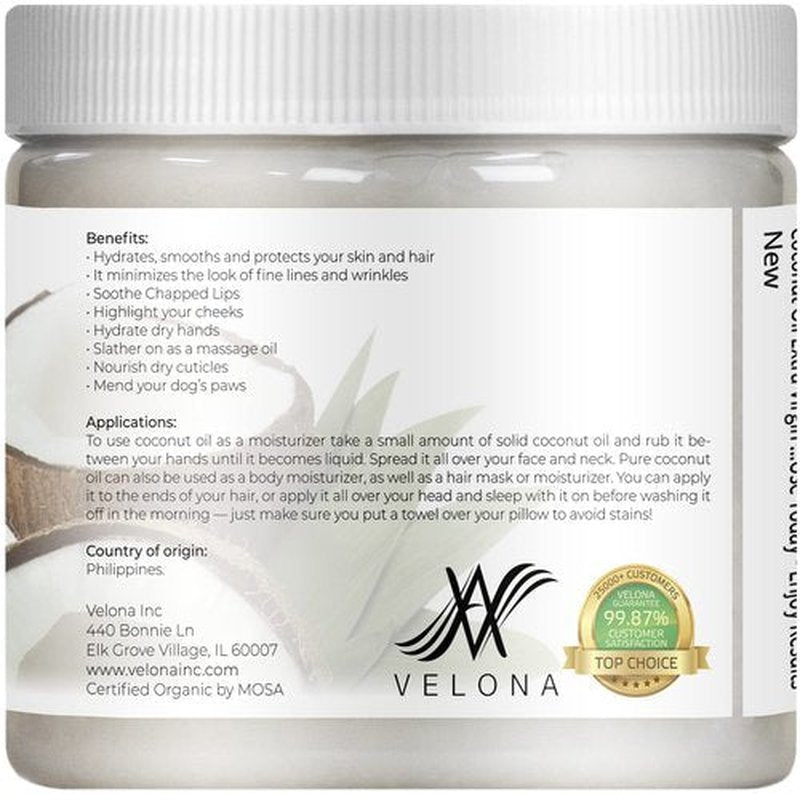 Velona USDA Certified Organic Coconut Oil Extra Virgin - 16 fl oz | Food and Cosmetic Grade | in jar | Extra Virgin, Cold Pressed