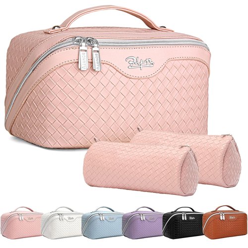 Travel Makeup Bags Cosmetic Organizer Bag: Large Capacity Make up Bag Set of 3 - Vegan Leather Toiletry Bag for Women - Portable Makeup Organizer with Compartments & Handle & Divider (01 Light Pink)