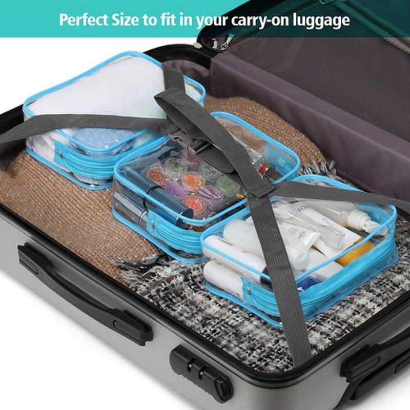 Packism Clear Makeup Bag - Waterproof TSA Approved Toiletry Bag Quart Size Bag, Clear Makeup Bags with Zipper Travel Cosmetic Bag, Carry on Airport Airline Compliant Bag, 3 Pack, Blue