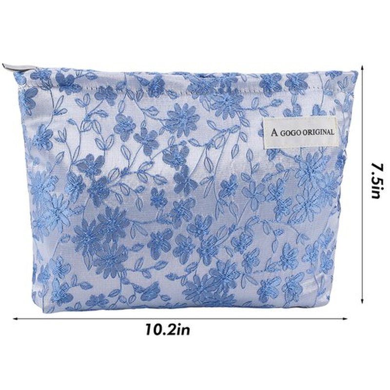 ZLFSRQ Daisy Flower Makeup Bag Travel Floral Cute Cosmetic Bags for Women Large Makeup Pouch Zipper Cosmetic Pouch for Purse Aesthetic Embroidery Blue Makeup Organizer Bag Portable Toiletry Bag