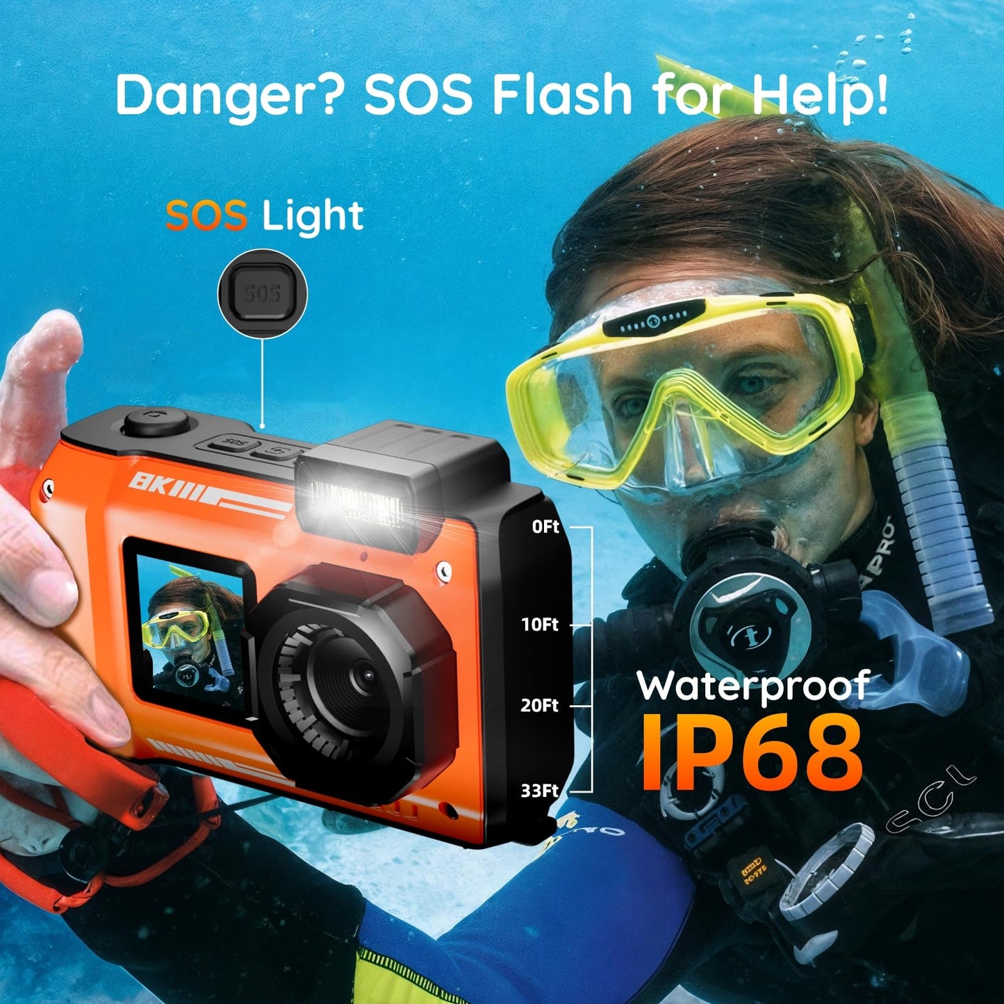 8K Underwater Camera - MaxMango 70MP 33FT Waterproof Camera with 64G Card - Underwater Digital Camera for Snorkeling Floatable Dual-Screen Selfie 2500mAh Battery Point and Shoot Digital (Orange)