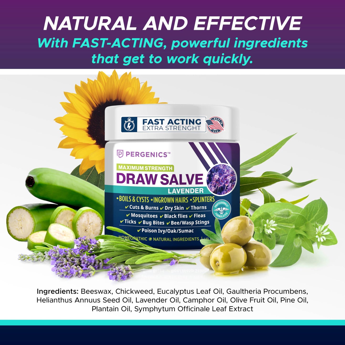 Pergenics Drawing Salve Ointment with Natural Lavender Herbal Extract for ingrown Hair, Boil & Cyst, Splinter Remover, Bug and Spider Bites, bee Sting, Mosquito bite Itch, Poison Ivy, 1 oz (1 Pack)
