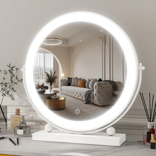 ROLOVE 13 Inch Vanity Mirror with Lights, Round Make Up Mirror with Lighting, LED Mirror Makeup Mirror with Lights for Bedroom Tabletop, Smart Touch Control, 360° Rotation (White)