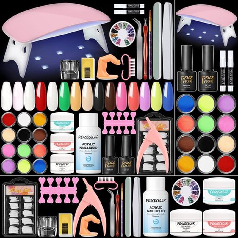 Acrylic Nail Kit for Beginner Professional Nail Kit Acrylic Set with Nail Lamp 12Pcs Glitter Powder Nail Art Rhinestones Base Top Coat 100PCs Nail Tip Nail Tools DIY Home Salon