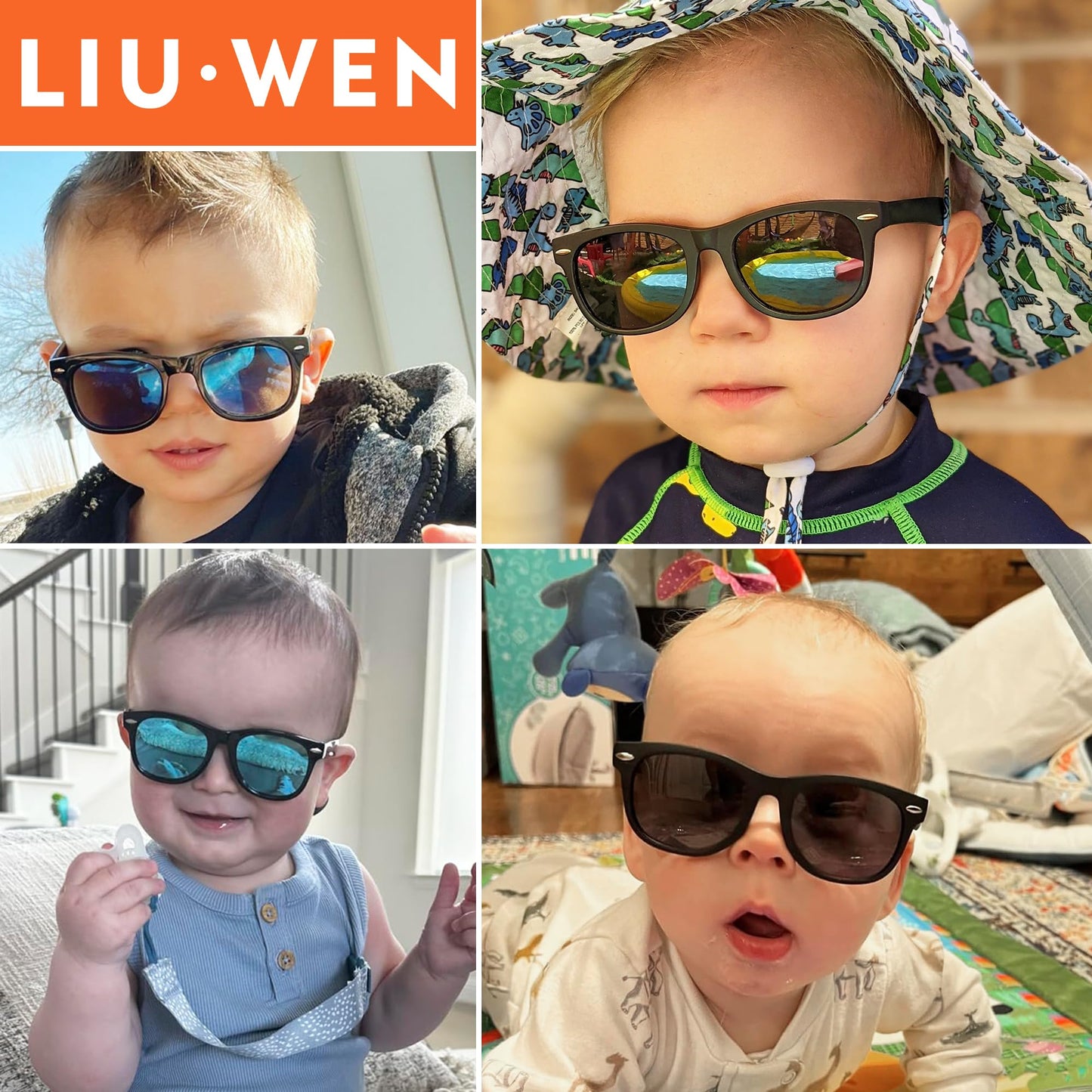 LIU·WEN Cute Polarized Baby Sunglasses - Bendable Flexible with Strap for Newborn Infant Boys Girls Age 0-24 Months(Bright Black/Blue Mirror)
