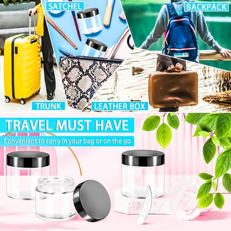 MotBach 4 Pack 2 oz Glass Jars with Lids 60ml Mini Round Clear Glass Jars with Inner Liners and Spatulas, Travel Size Containers Jars for Toiletries Creams Makeup Cosmetic Sample Lotion (Black Lid)