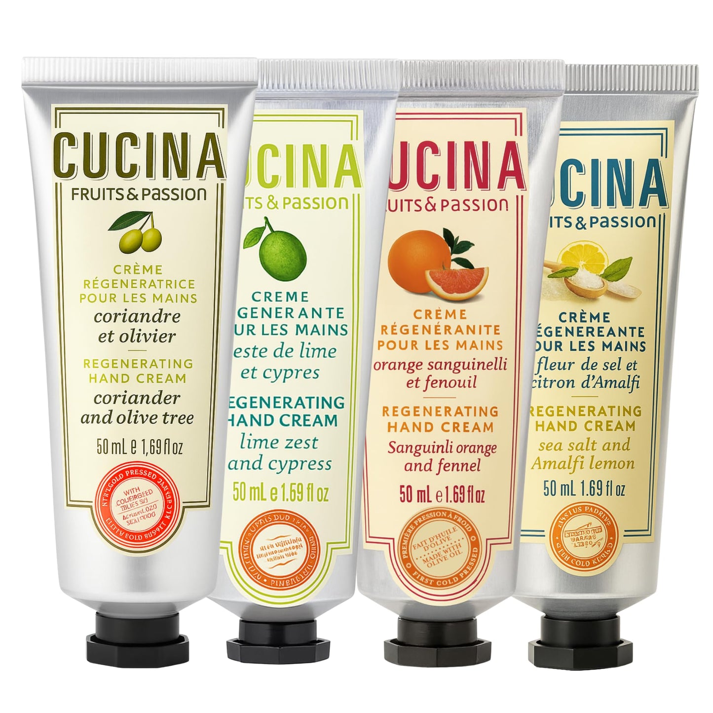 Cucina Fruits & Passion Regenerating Hand Cream Travel Gift Set, 4-Pack – Coriander & Olive Tree, Lime Zest & Cypress, Sanguinelli Orange & Fennel, Sea Salt & Amalfi Lemon (50 mL Each)