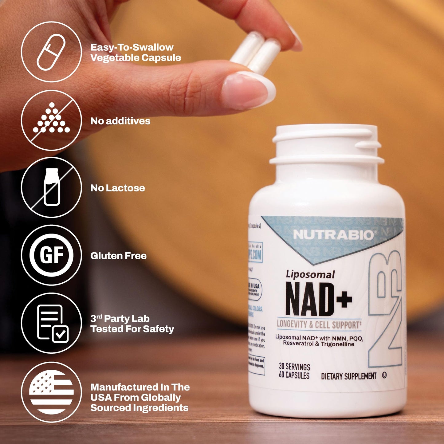 NutraBio Liposomal NAD+ Supplement with Resveratrol, NMN & PQQ for Longevity and Cell Support for Men and Women, Long-Term Vitality, 60 Capsules
