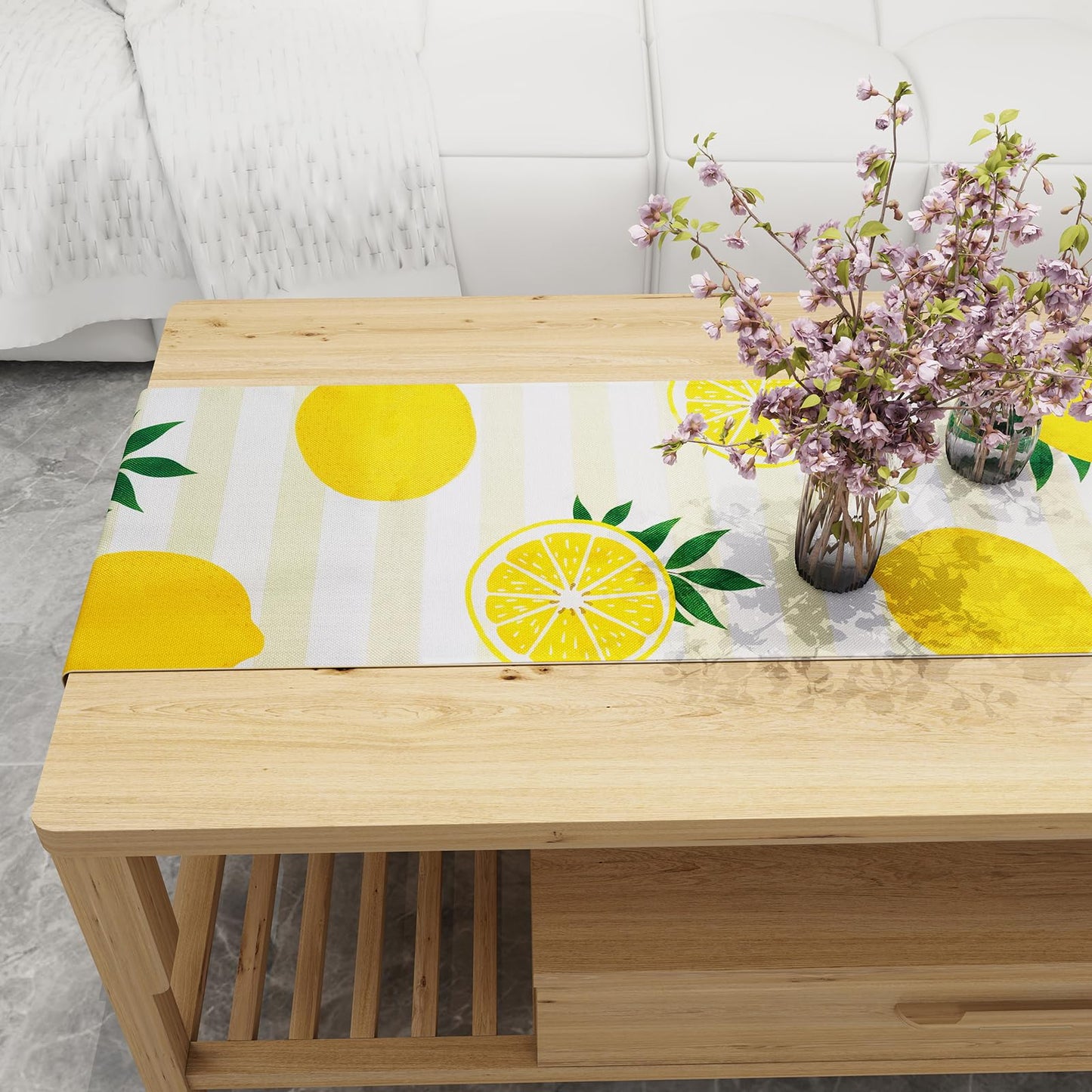 Rotumaty Lemon Table Runner Kitchen Decor - Yellow and White Stripes Lemon Table Decorations Summer Spring Seasonal Home Decor for Dining Table Farmhouse Party 13 × 72 Inch