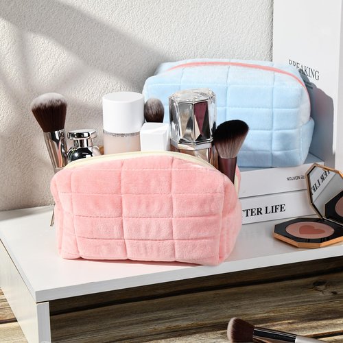 SOIDRAM 2 Pieces Makeup Bag Cute Cosmetic Bag Plush Pink Blue Checkered Makeup Pouch Coquette Travel Toiletry Bag Organizer Fluffy Makeup Brushes Puffy Storage Bag for Women
