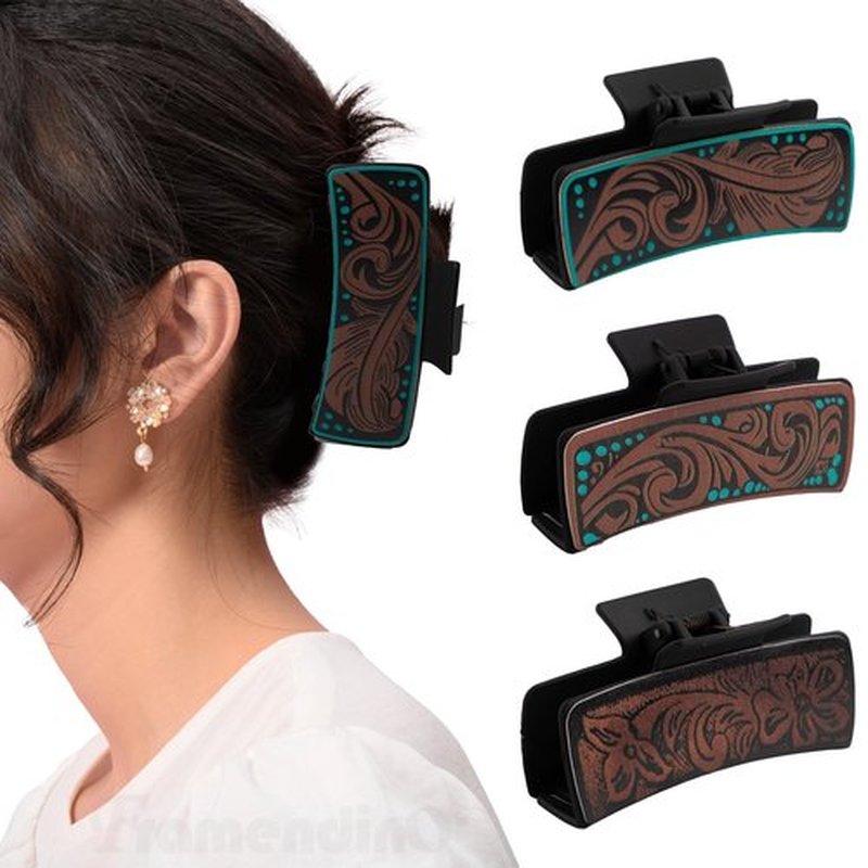 4 Pcs Western Hair Clips for Women, Yellow Chrysanthemum, Cow Print, Square Claw Clips, Vintage Print Western Claw Clips, Country Stuff Headdress Gifts for Women Girls (D)
