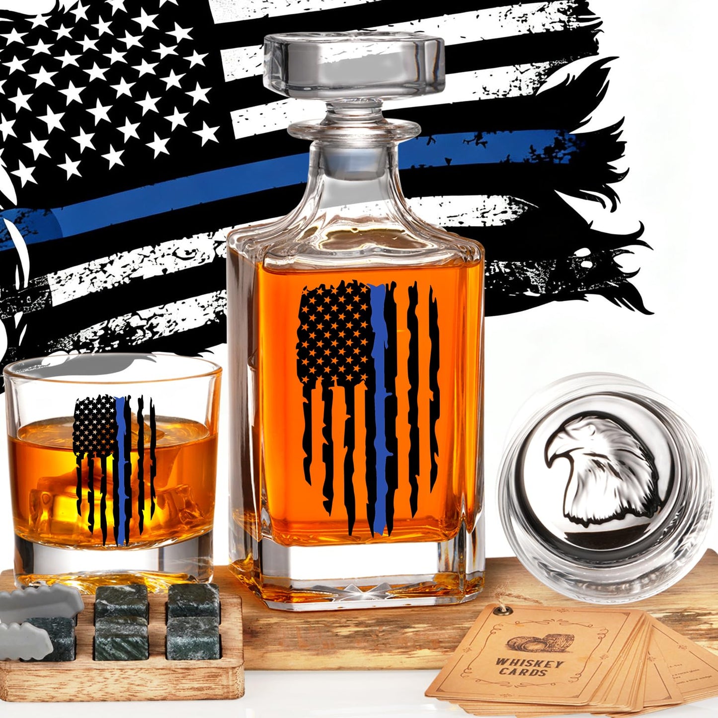 PONPUR Police Officer Gifts for Men, Blue Line Tattered Flag Whiskey Decanter Set with Stones & Glasses, Cool Gifts for Policeman, Retirement & Law Enforcement, Police Academy Graduation Gift