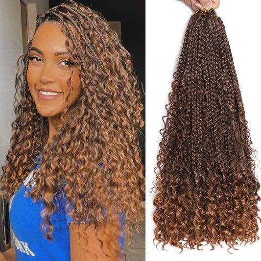 Goddess Box Braids Crochet Hair 7 Packs 18 Inch Boho Crochet Braids for Women Color T4/30 Pre-looped Bohemian Crochet Box Braids With Curly Ends Ombre Brown Boho Box Braids Braiding Hair Extensions