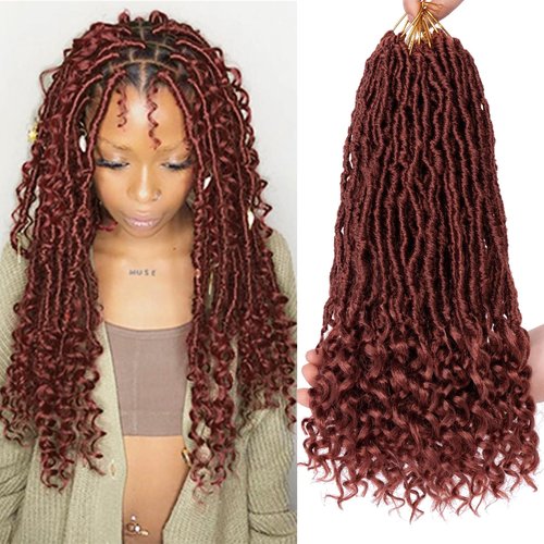 Leeven 14 Inch Cooper Red Faux Locs Crochet Hair 7 Packs Bohemian Goddess Locs Crochet Hair With Curly Ends 350# Synthetic Wavy Soft Locs Crochet Hair With Curls At The End for Black women