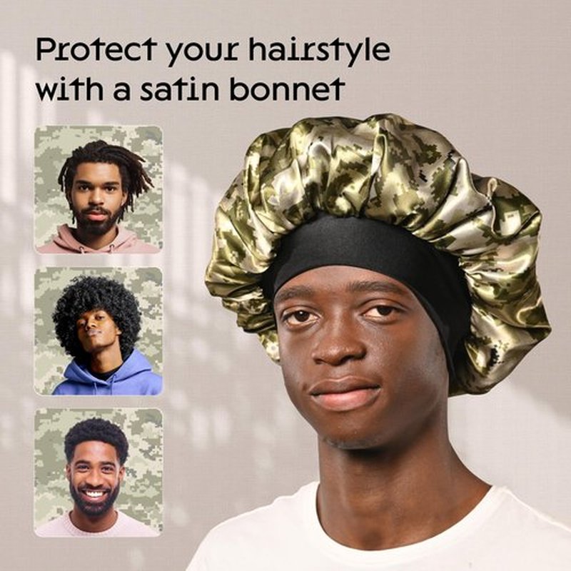 Niagara Satin Bonnet Men - Khaki Bonnet for Sleeping Men - Reversible Night Cap - Mens Bonnet for Curly Hair - Large Bonnet with Double Layer