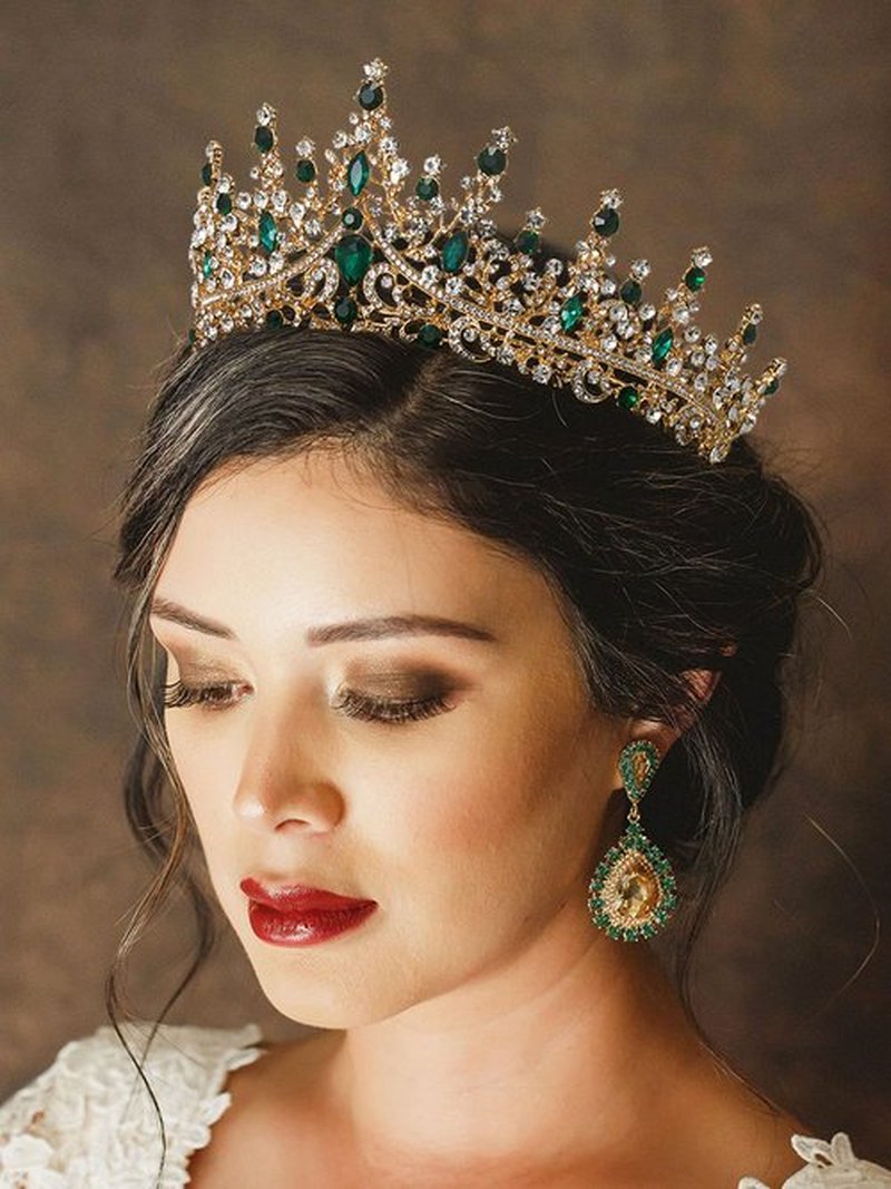 SWEETV Green Gold Tiara Crown for Women Girls,Queen Crown Princess Diadem,Crystal Hair Accessories for Quinceanera Pageant Prom Birthday,Audrey