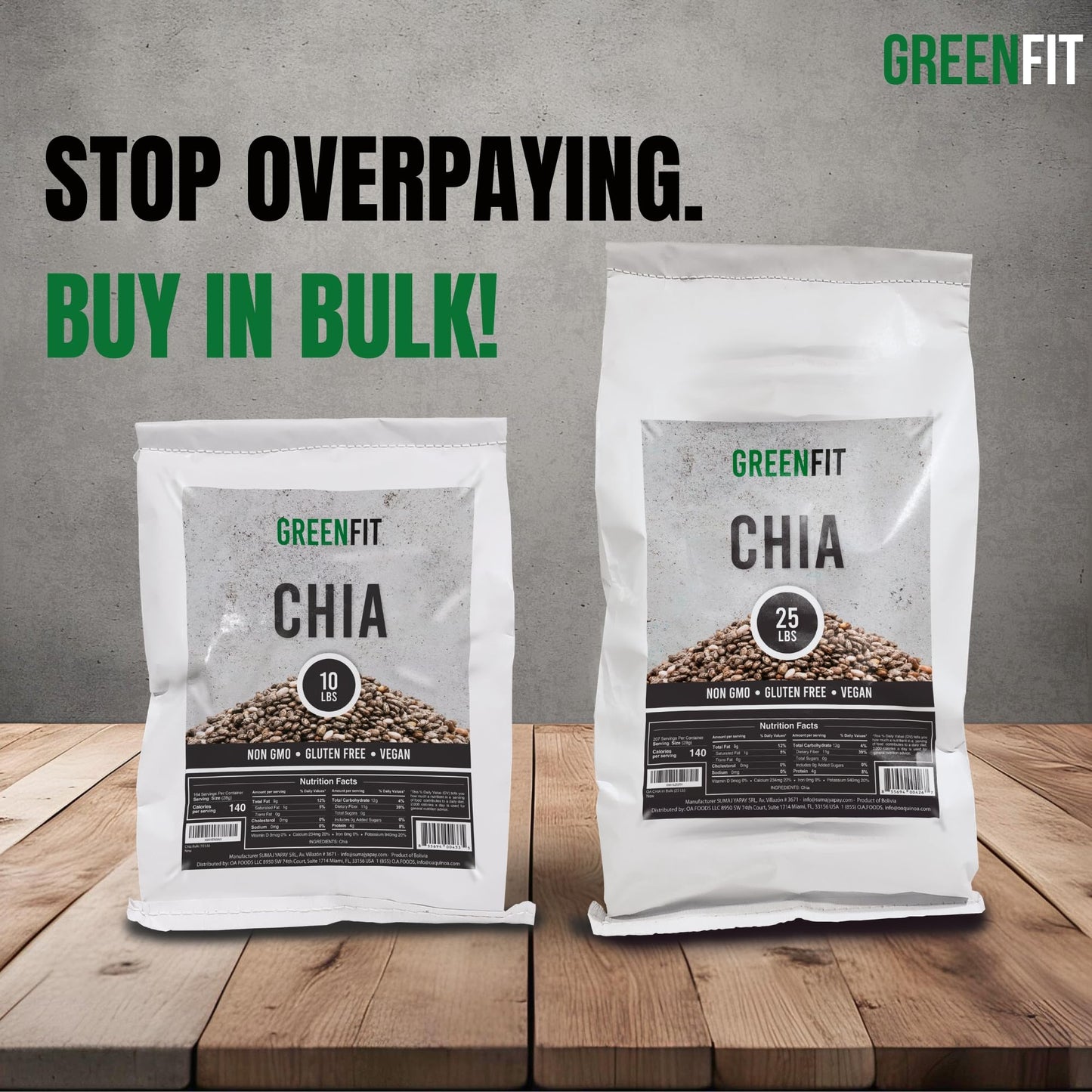 Greenfit Premium Bulk Chia Seeds (25Lbs Bag) | A+ Grade Chia | Nutrient-Packed Superfood | Non-GMO | Gluten-Free Chia Seeds Bulk | Vegan