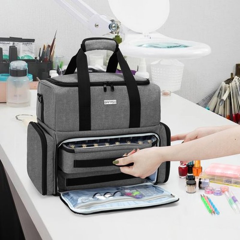 BAFASO Nail Polish Organizer Holds 80 Bottles (15ml - 0.5 fl.oz) and a UV Nail Lamp, Nail Polish Case with 2 Removable Pouches and Manicure Tools Storage Sections (Patented), Gray