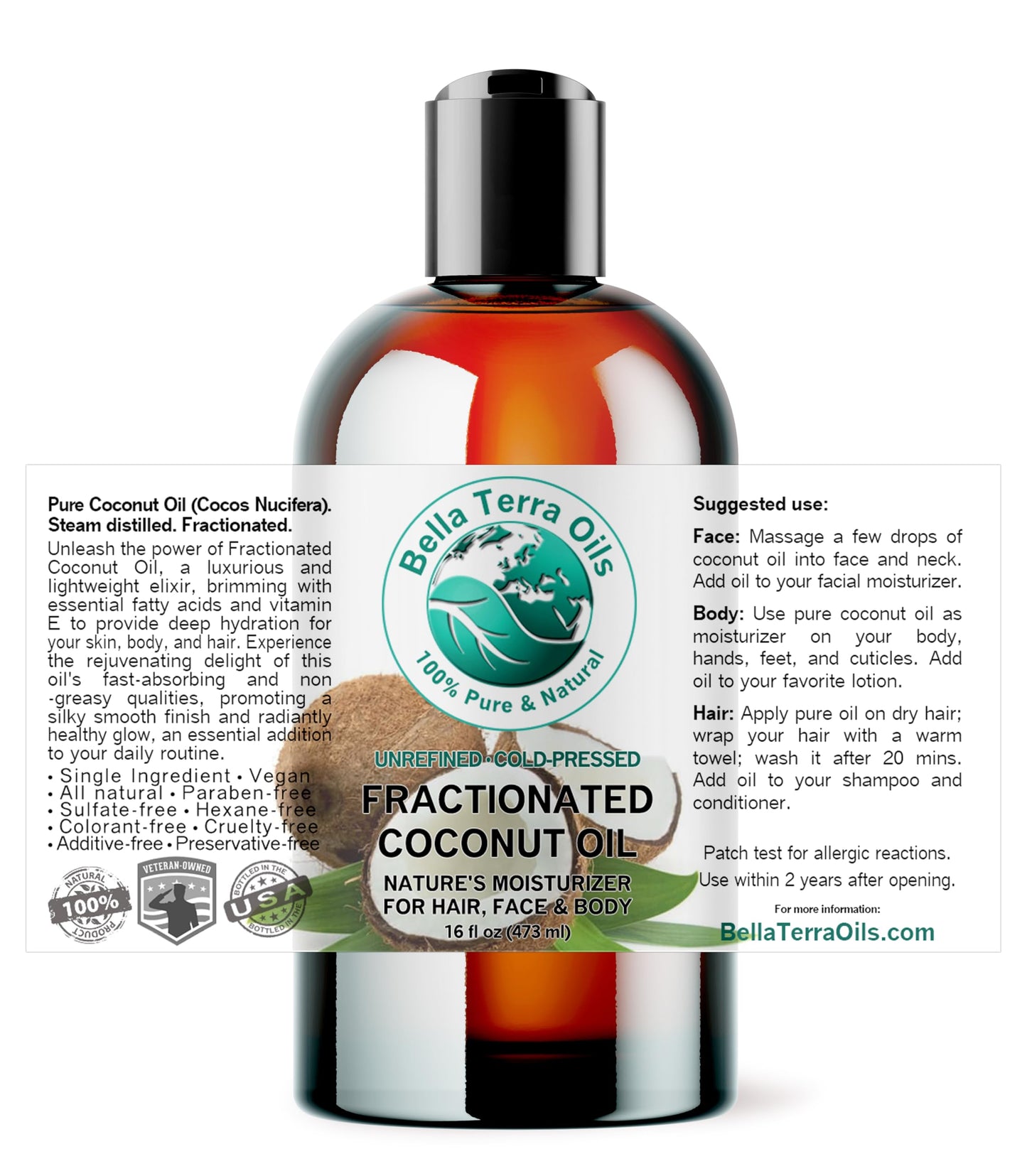 Bella Terra Oils - Liquid Natural Fractionated Coconut Oil 16oz - The Ideal Mix of MCTs & Fatty Acids, A Lustrous Elixir for Daily Skin Care