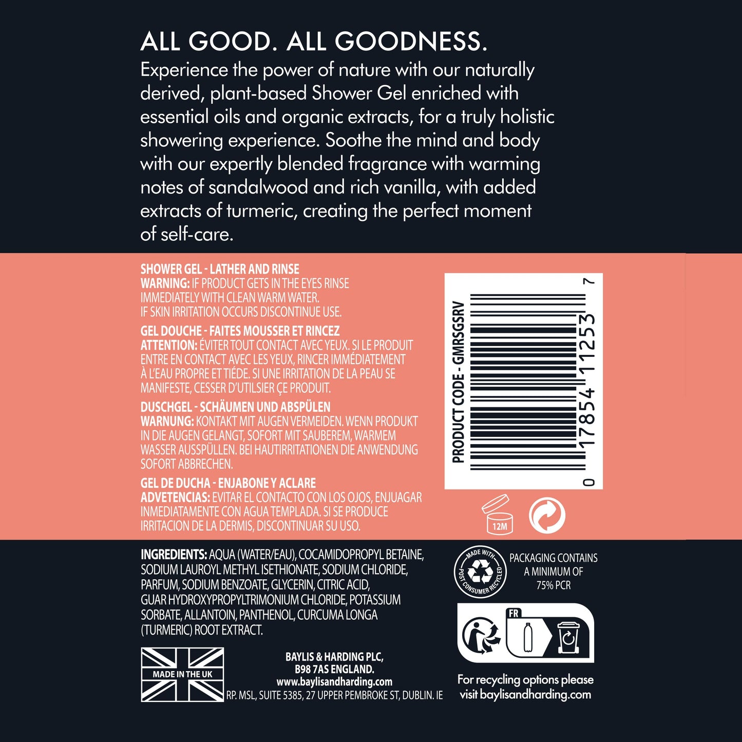 Baylis & Harding Goodness Men's Sandalwood & Vanilla Natural Body Wash, 16.9 fl. oz (Pack of 3) - Biodegradable Formula - Vegan Friendly