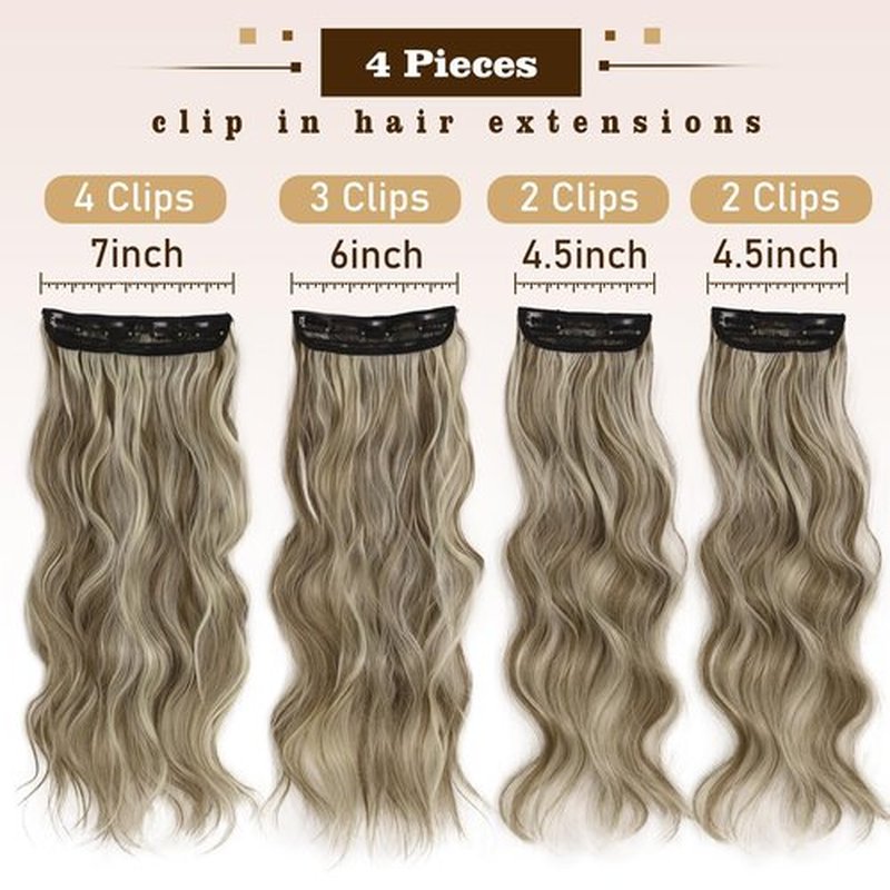 QGZ Clip in Hair Extensions for Women 4 PCS Set of Thick, Synthetic Long Wavy Hairpieces 20 Inch Ash Blonde mix Light Blonde