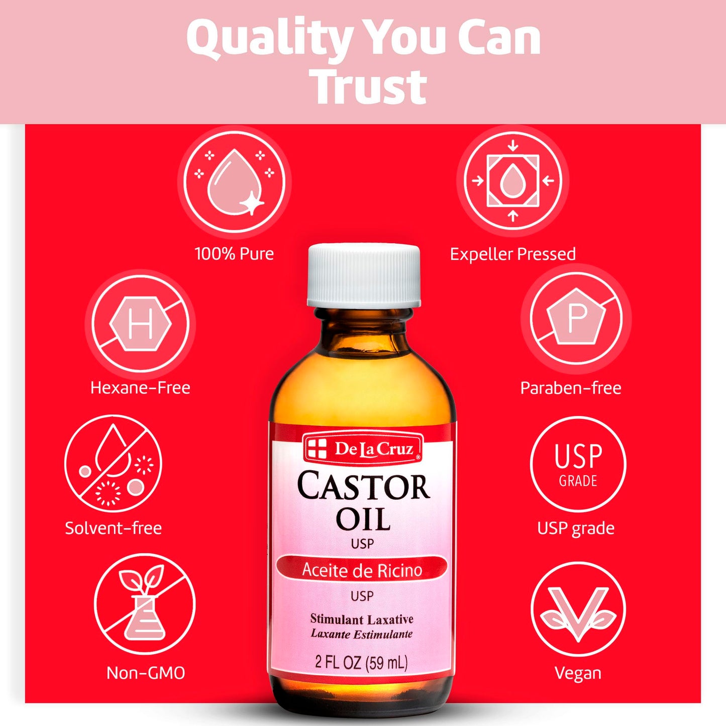 De La Cruz Castor Oil - 100% Pure Expeller Pressed Castor Oil for Nourishing Skin, Hair, Eyelashes, and Eyebrows - Natural Laxative USP Grade, 2 FL Oz (2 Bottles)