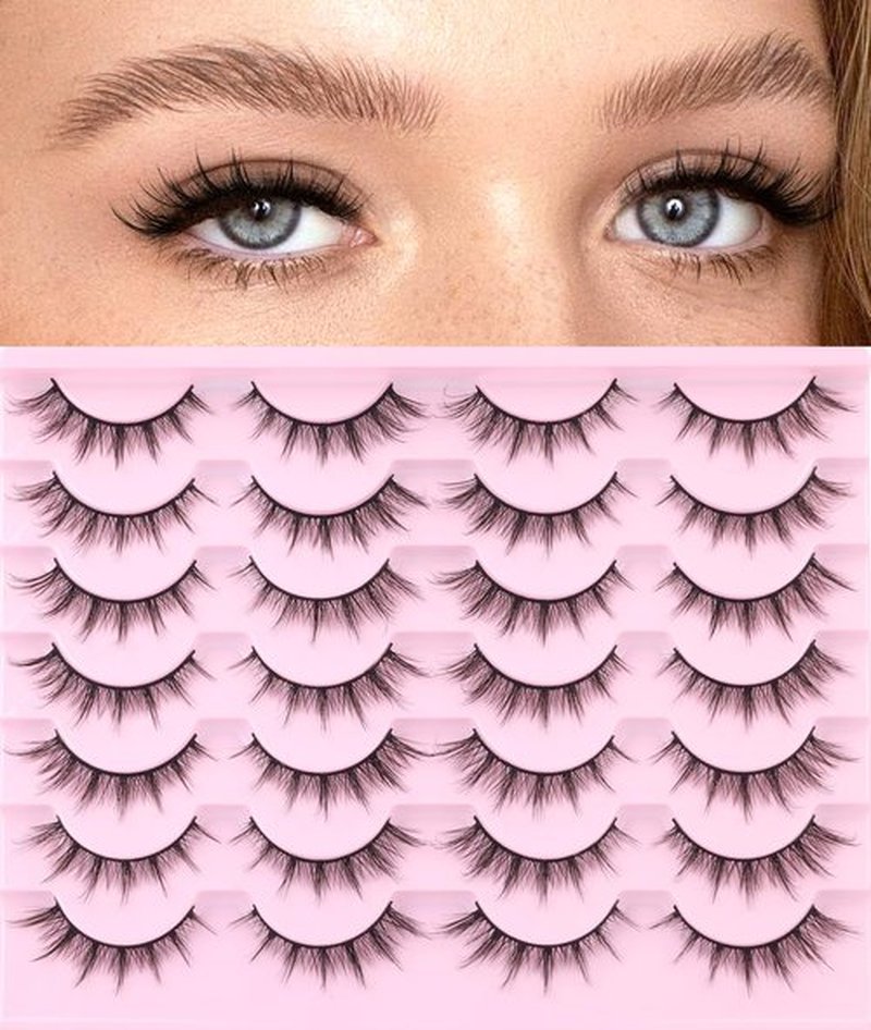 False Lashes Natural Look Wispy Eyelashes Manga Korean Spiky 16mm Short Faux Mink Eyelashes Fluffy Cat Eye Natural Fake Eyelashes Strip Lashes Pack 14 Pairs