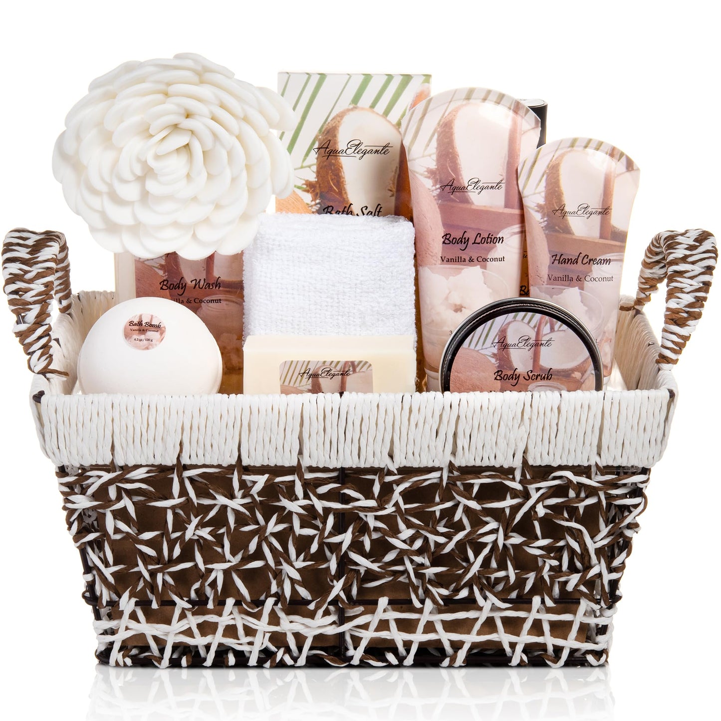Aqua Elegante Bath Basket For Women - Deluxe Spa Set with Wash, Bubble Bath, Lotion, Salts, Body Scrub, Towel, Shower Puff, Bathbombs, Reusable Basket, Gifts for Mom, Wife, Her - Coconut & Vanilla