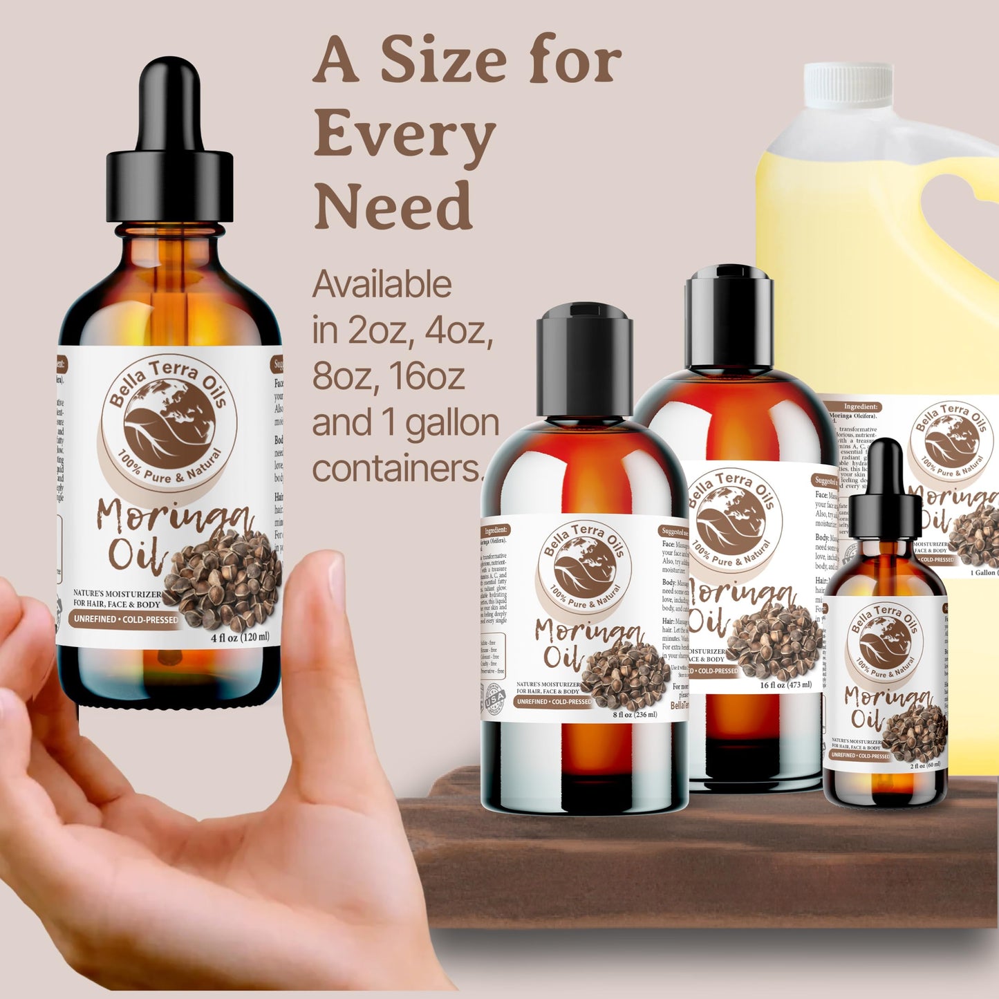 Bella Terra Oils - Natural Moringa Seed Oil 2oz - A Blend of Nature's Best, High in Oleic Acid & Vitamin E, For a Touch of Luxurious Smoothness