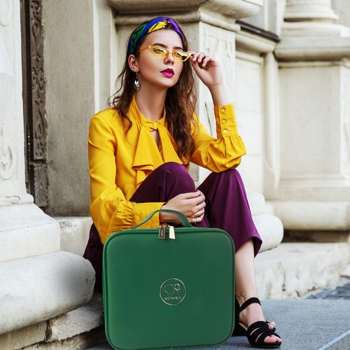 MOMIRA Makeup Bag with Mirror and Light Travel Makeup Train Case Cosmetic Bag Organizer Portable Artist Storage Bag with Adjustable Dividers Makeup Brushes Storage Organizer Emerald green