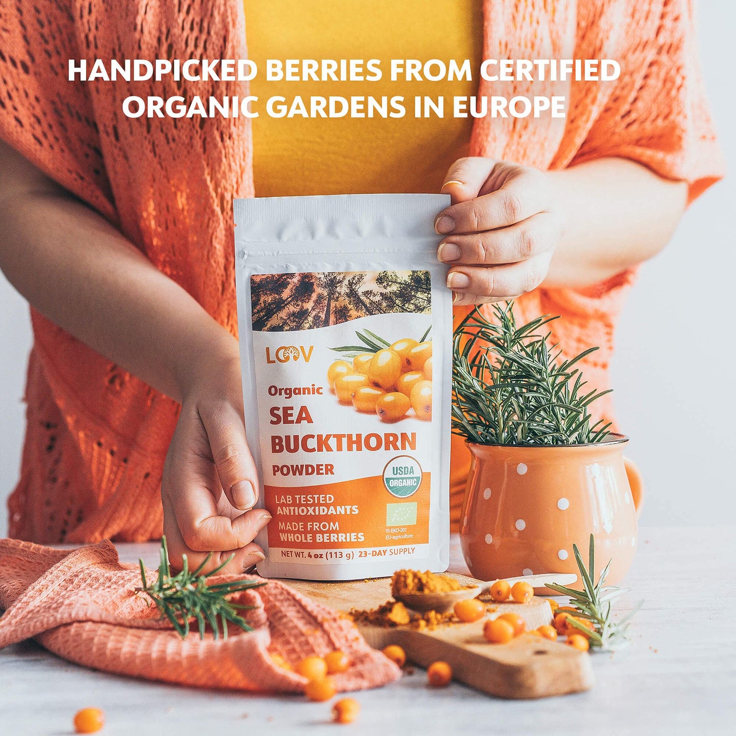 LOOV Organic Sea Buckthorn Berry Powder, High in Fiber, Omegas, Vitamin C, Vitamin E, Made from Whole Berries, 4 Oz, Grown in Nordic Climate, 23-Day Supply, No Added Sugar, Non-GMO