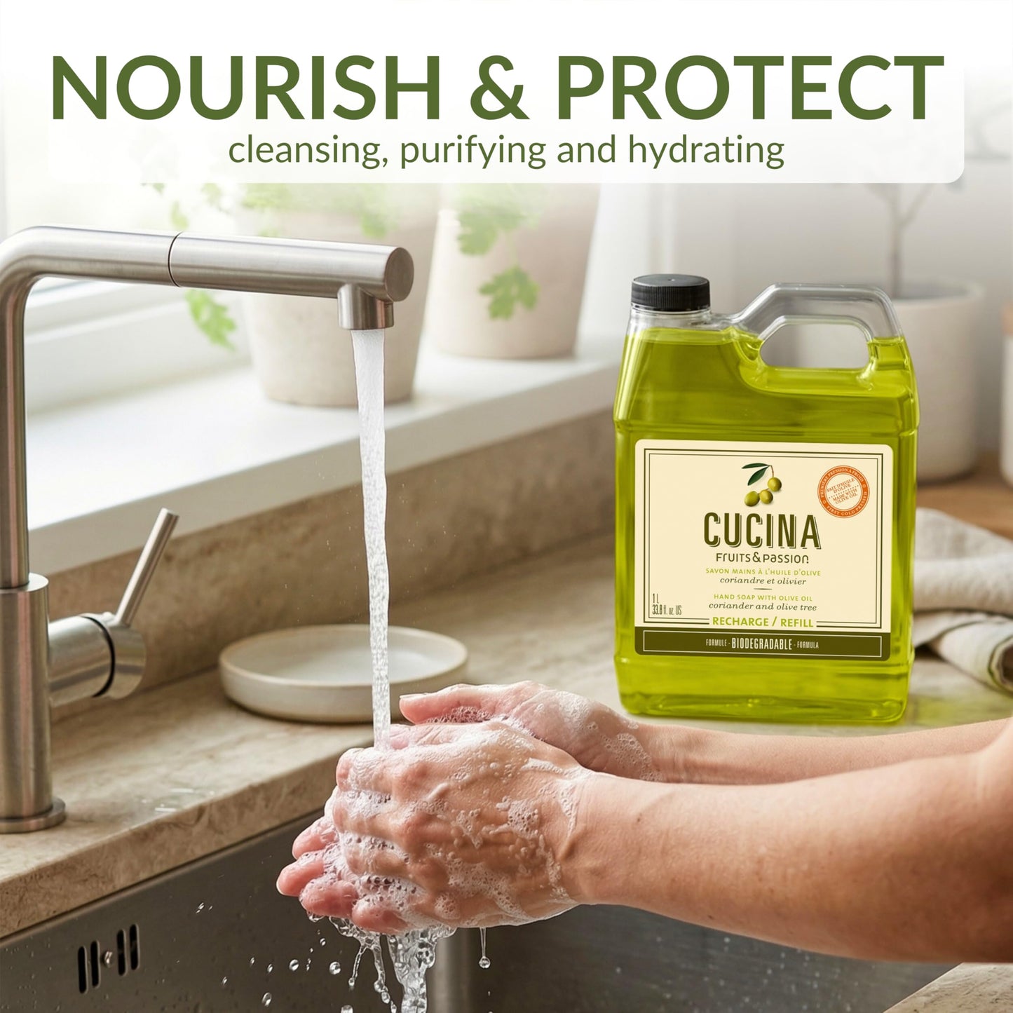 Cucina Fruits & Passion Hand Soap Refill – Coriander & Olive Tree – 1 Liter (33.8 fl oz) – Olive Oil Enriched Kitchen Hand Soap – Biodegradable Formula – Vegan – Made in Canada