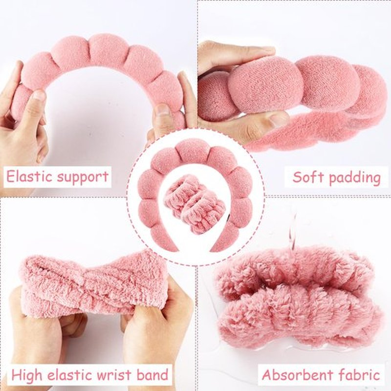 Zkptops Spa Headband for Washing Face Wristband Set Sponge Makeup Skincare Terry Cloth Bubble Soft Get Ready Hairband for Women Girl Puffy Padded Headwear Non Slip Thick Hair Accessory(Coral Pink)