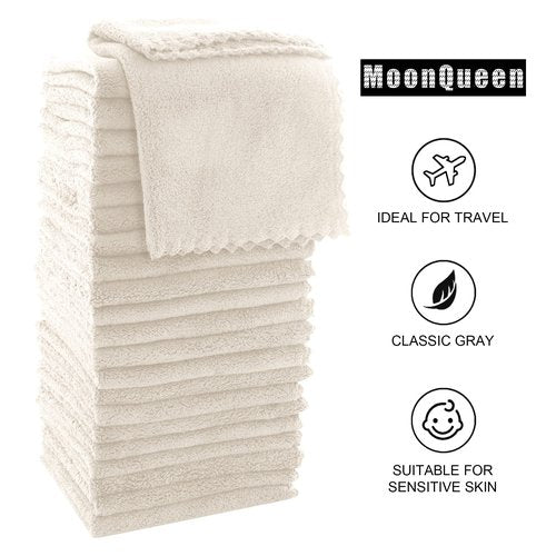 MOONQUEEN Ultra Soft Premium Washcloths Set - 12 x 12 inches - 24 Pack - Quick Drying - Highly Absorbent Coral Velvet Bathroom Wash Clothes - Use as Bath, Spa, Facial, Fingertip Towel (Cream)