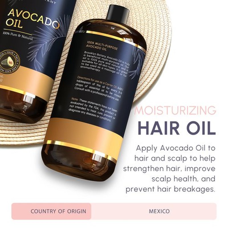 Brooklyn Botany Avocado Oil for Skin, Hair and Face – 100% Pure and Natural Body Oil and Hair Oil - Carrier Oil for Essential Oils, Aromatherapy and Massage Oil – 28 fl Oz