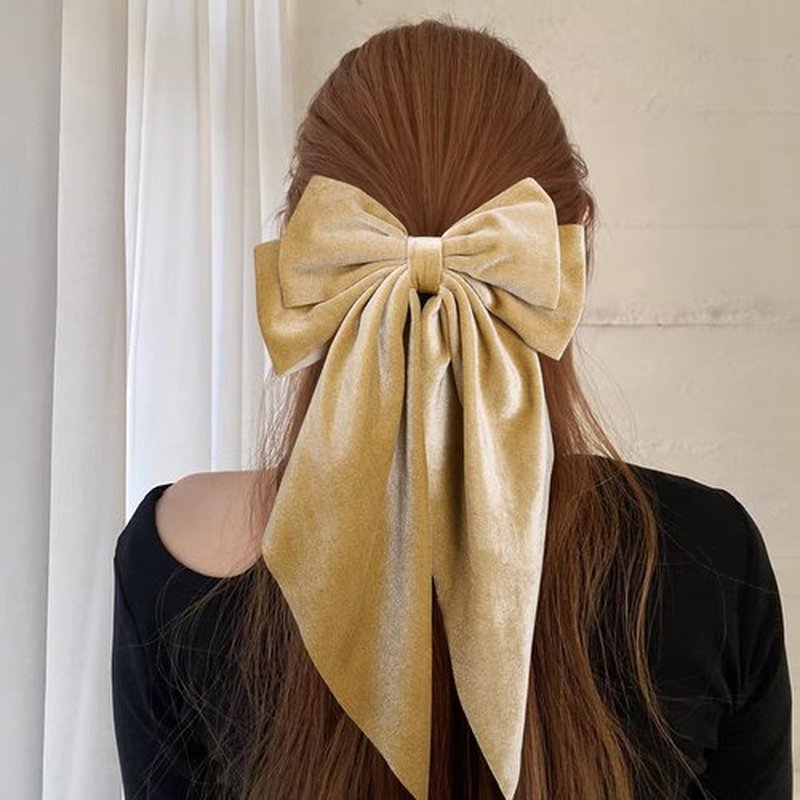 Khaki Velvet Large Hair Bow Long Tail Bowknot Hair Barrette Clip 8.26 Inch Women Girls Fall Winter Ponytail Holder Hair Accessories