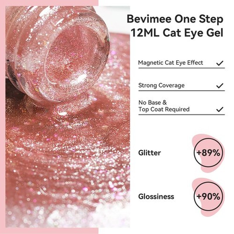 Bevimee Cat Eye Gel Nail Polish, 12ML Magnetic Pink Glitter Cateye Gel Polish Shimmer Crushed Ice Effect, 3 In 1 No Base/Top Coat Required - Soak Off UV Gel For Spring/Summer Nail Art Manicure