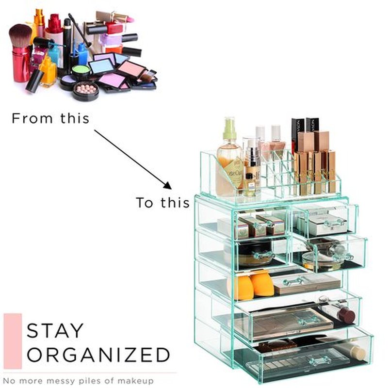 Sorbus Clear Cosmetic Makeup Organizer - Make Up & Jewelry Storage, Case & Display - Spacious Design - Great Holder for Dresser, Bathroom, Vanity & Countertop (3 Large, 4 Small Drawers) [Teal Thrill]