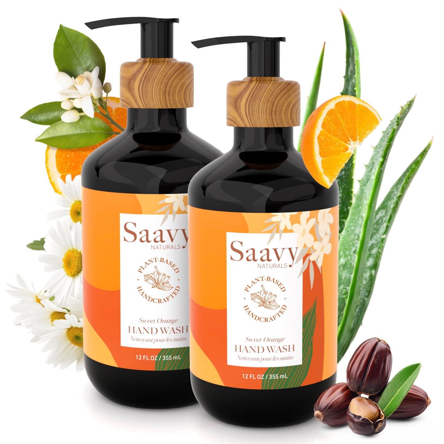 Saavy Naturals Hand Wash – Plant-Based Liquid Hand Soap with Aloe Vera, Shea Butter & Essential Oils – Sulfate-Free, Moisturizing, Food-Grade Ingredients – Sweet Orange – 12 fl oz, 2 pack
