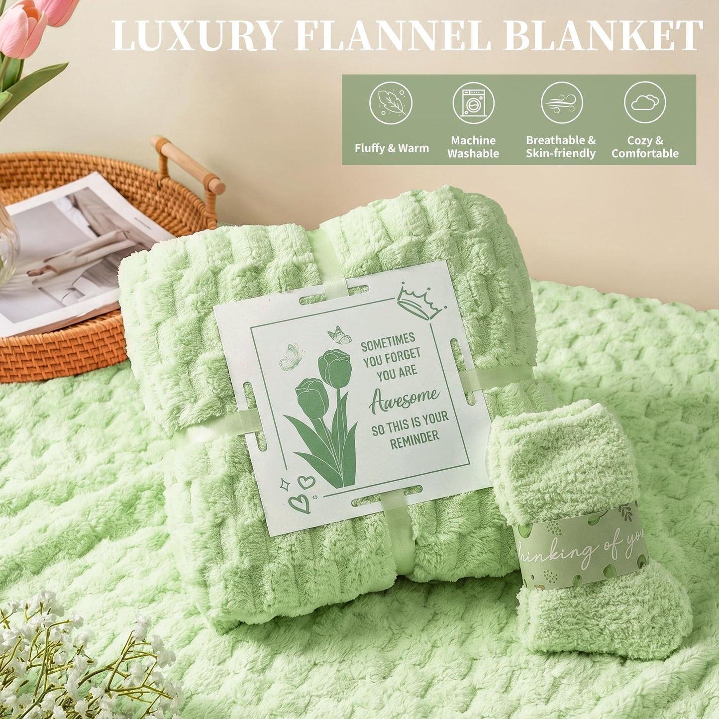 Aollewoiti 15 Pcs Get Well Soon Gift Baskets for Women, Mother's Day & Birthday Gifts for Mom, Wife, Friend, Care Package with Soft Blanket & Insulated Tumbler, Green