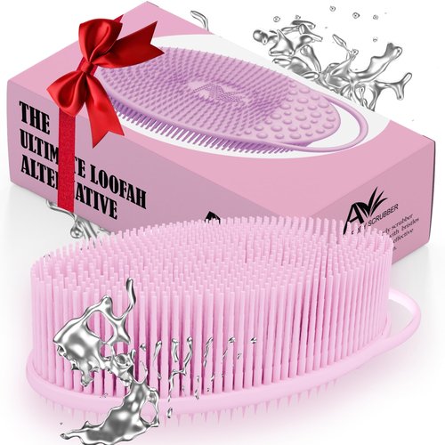 Avilana Silicone Exfoliating Body Scrubber – Dual-Sided Silicone Loofah for Shower, Body Scrubber for Men & Women, Gentle Loofa Alternative, Easy-to-Clean Silicone Body Scrubber (S2-Pink with Silver)