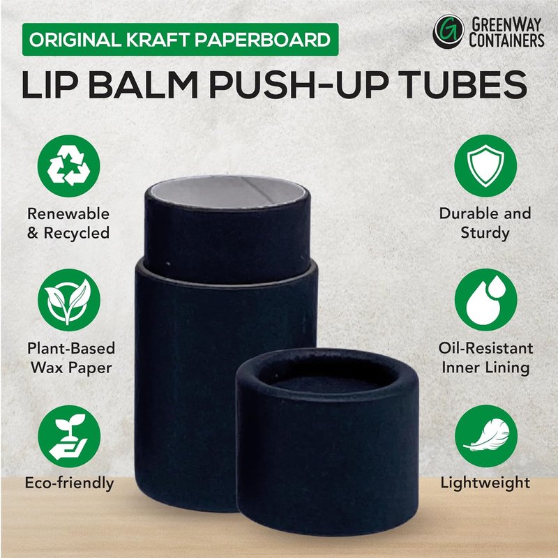 Kraft Paperboard Lip Balm Tubes - 0.2oz Refillable DIY Containers | 25 Pack, Short Style, Black