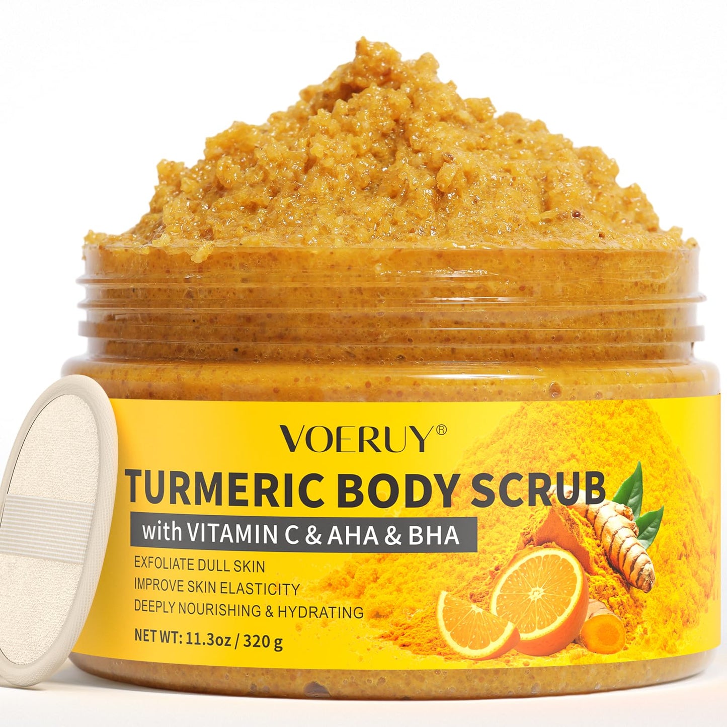 VOERUY Turmeric Body Scrub, 10% AHA/BHA & Vitamin C Exfoliating Body Scrub, Body Exfoliator for Body Hand Foot Bikini Area, Smooth & Moisturized Skin for Women and Men - 11.3oz