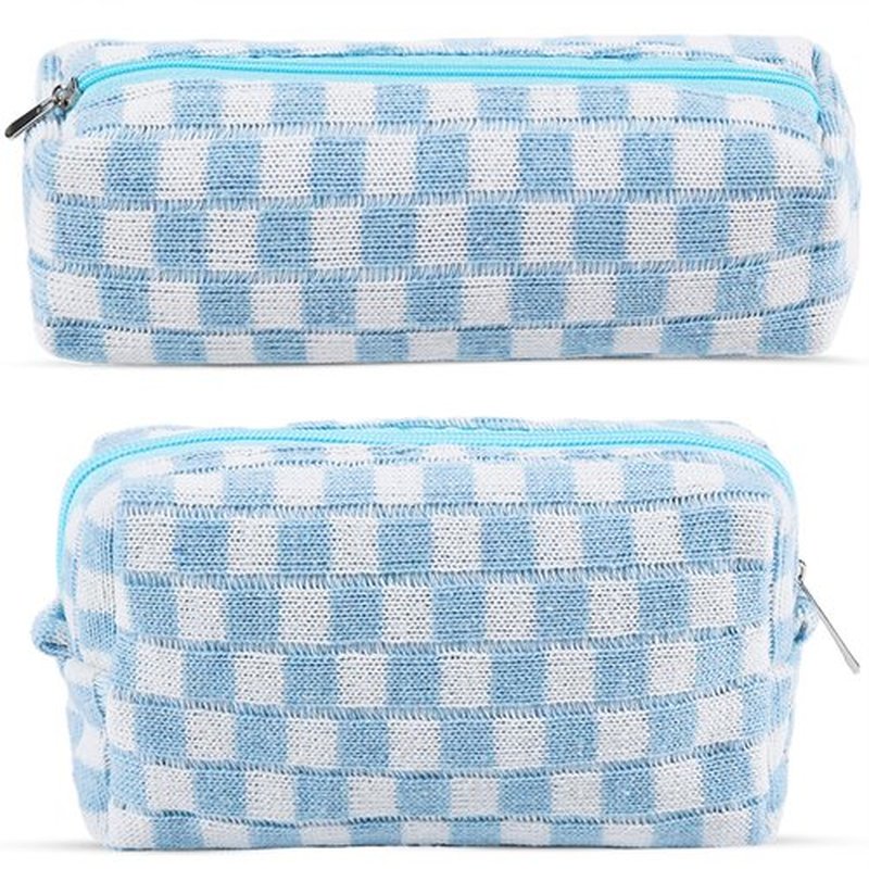 ZLFSRQ 2Pcs Checkered Makeup Bag for Women Pencil Pouch Travel Small Cosmetic Bag Set Cute Makeup Pouch Purse Pencil Case Pencil Bag Zippered Toiletry Bag Organizer Preppy Trendy Storage Bag(Blue)