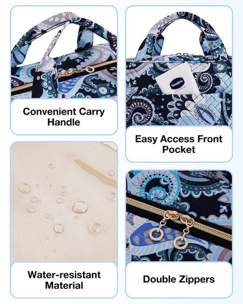 BAGSMART Toiletry Bag Travel Bag with Hanging Hook, Water-resistant Makeup Cosmetic Bag Travel Organizer for Accessories, Shampoo, Full Sized Container, Toiletries (Blue Paisley, Large)